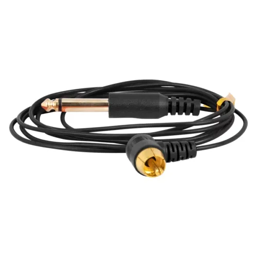 Clipcord RCA nero con connettori dorati su sfondo bianco
