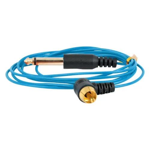 Clipcord RCA blu con cavo in silicone su sfondo bianco