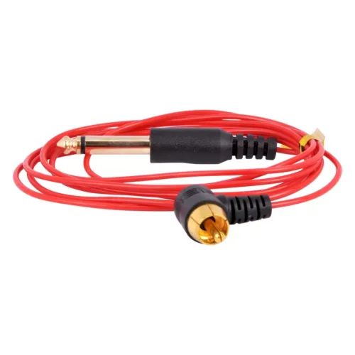 Clipcord RCA rosso con connettori neri su sfondo bianco