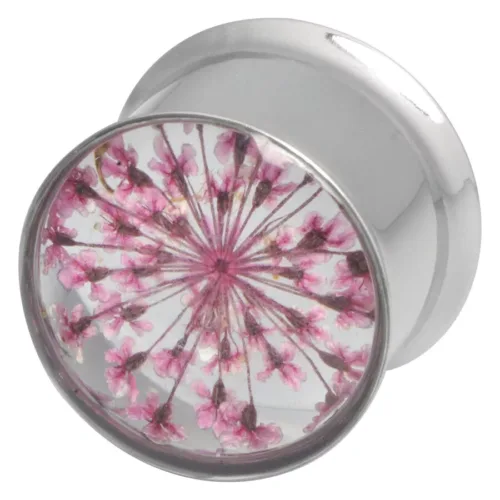Silberner Plug aus Chirurgenstahl mit rosa Blumenmotiv, 12 mm