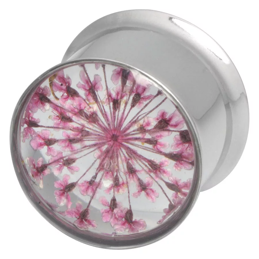 Silberner Plug aus Chirurgenstahl mit rosa Blumenmotiv, 12 mm
