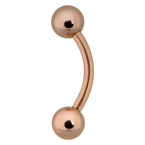 Piercing all'ombelico in oro rosa con due sfere su sfondo bianco