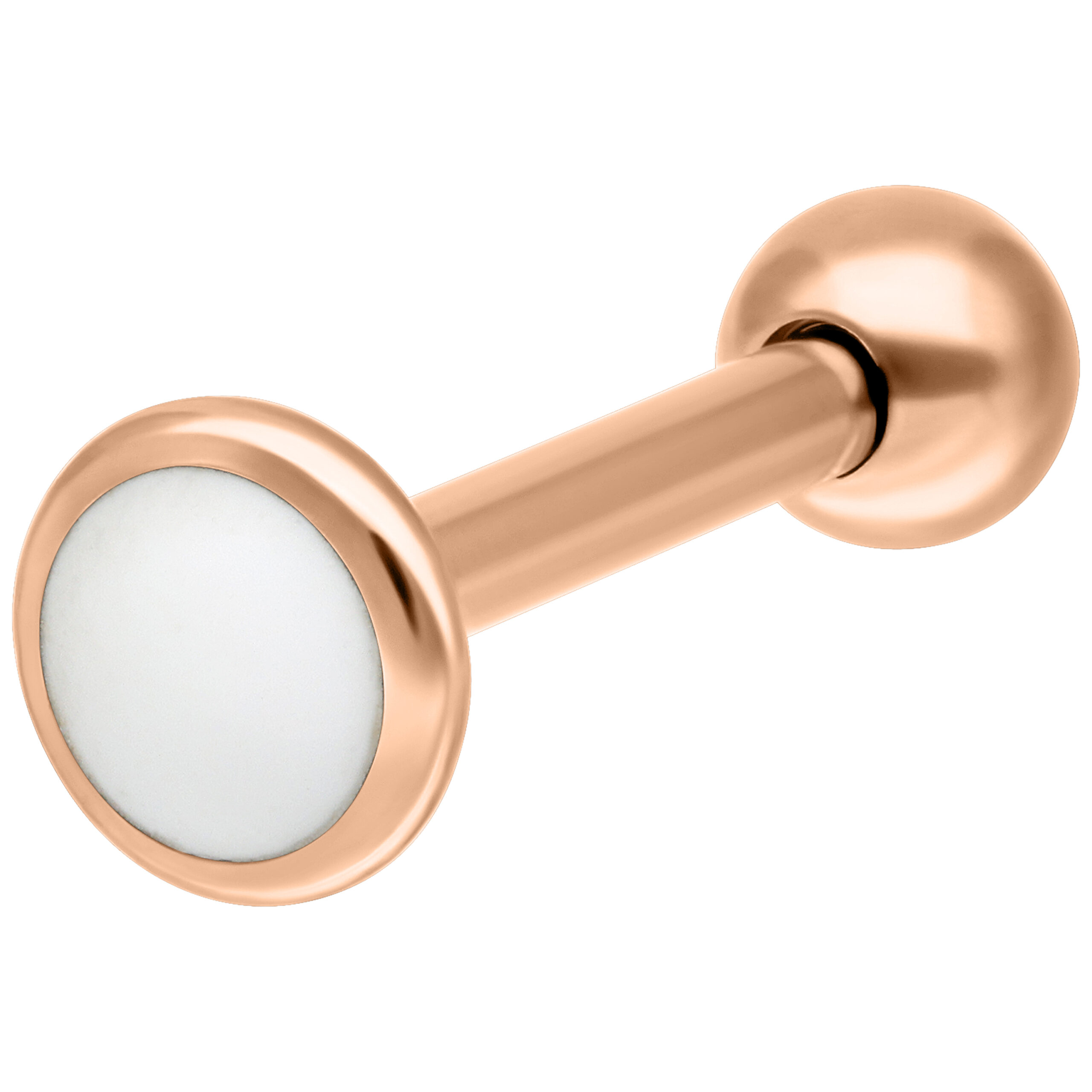 Labret in titanio oro rosa con filettatura esterna su sfondo bianco