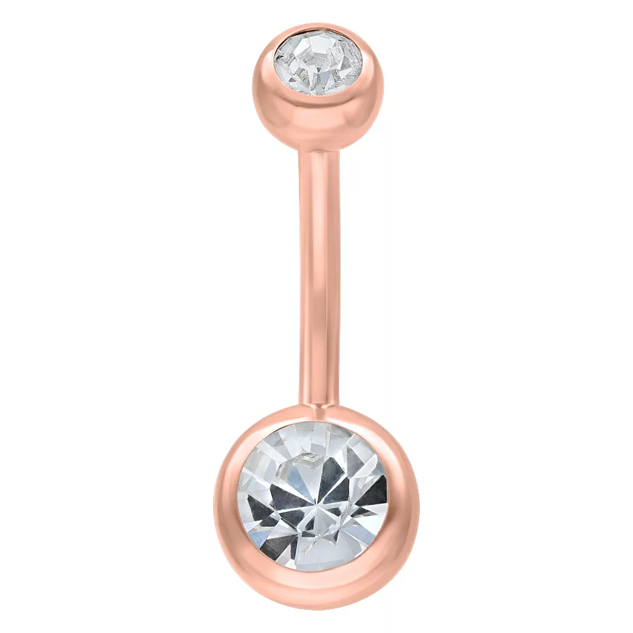 Piercing all'ombelico in oro rosa con due cristalli chiari su sfondo bianco