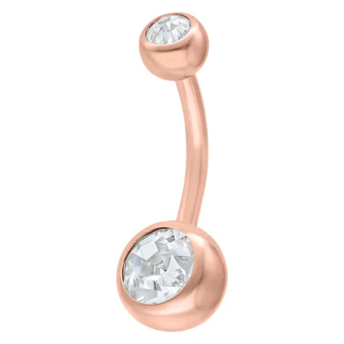 Banana per ombelico in oro rosa con due cristalli chiari su sfondo bianco