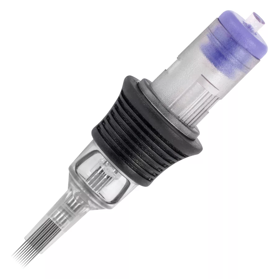 Magnum aghi per tatuaggi in acciaio chirurgico Aghi Magnum Cartridge con alloggiamento trasparente e impugnatura nera su sfondo bianco