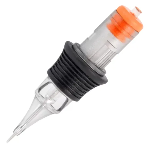 Cartuccia Round Liner per tatuaggi in acciaio chirurgico con impugnatura nera e punta arancione.