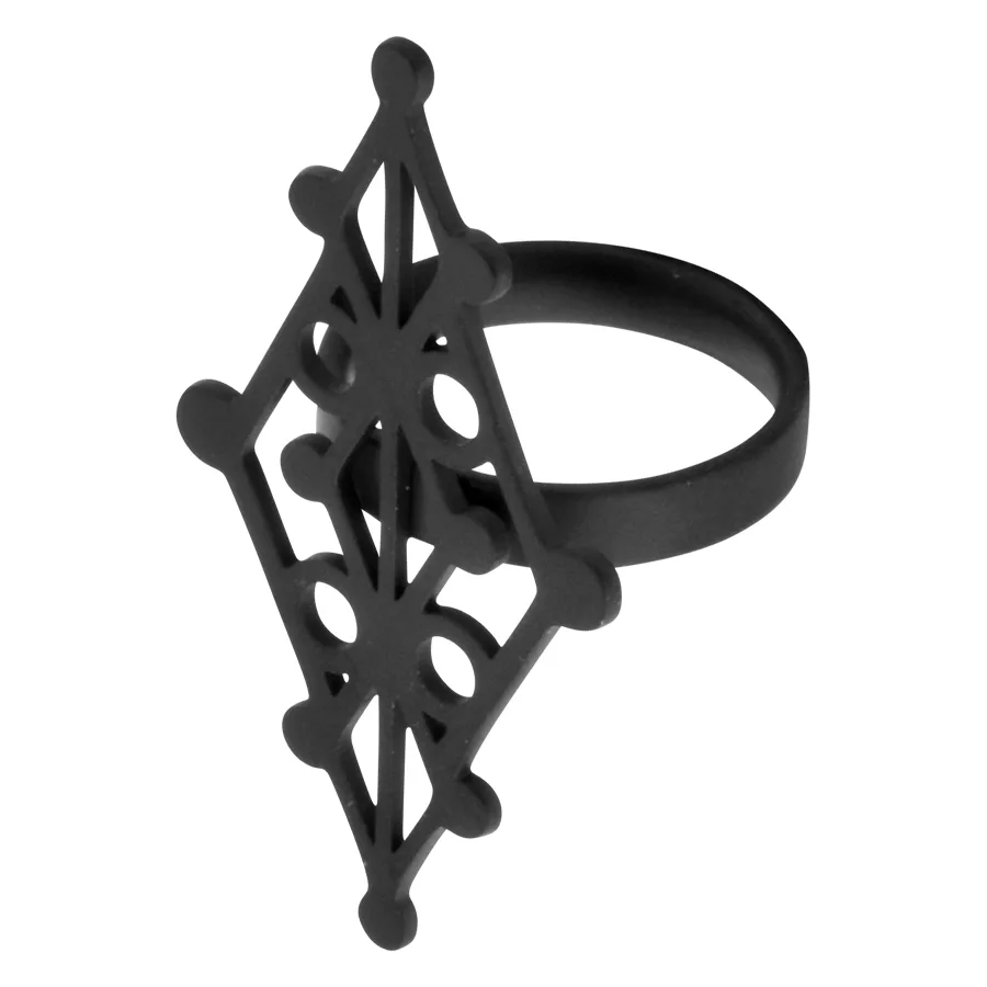 Anello Nero Witchcraft Rune in acciaio chirurgico misura 18mm su sfondo bianco