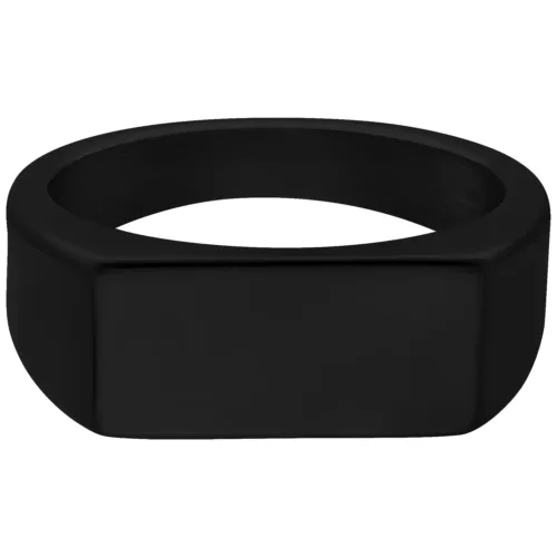 Anello con sigillo nero in acciaio chirurgico 316L, misura 17,0 mm, su sfondo bianco