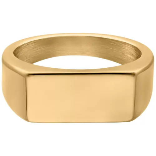 Anello rettangolare con sigillo d'oro in acciaio chirurgico su sfondo bianco