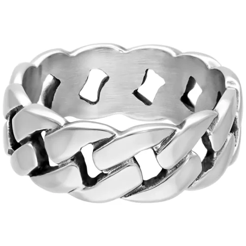 Anello Chunky in acciaio chirurgico 316L argento su sfondo bianco