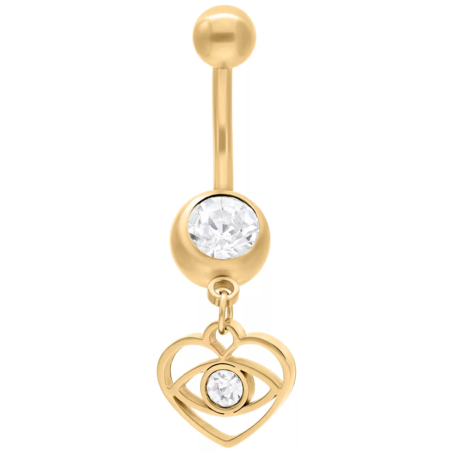 Banana Bar per ombelico in oro con pendente di cristallo chiaro su sfondo bianco
