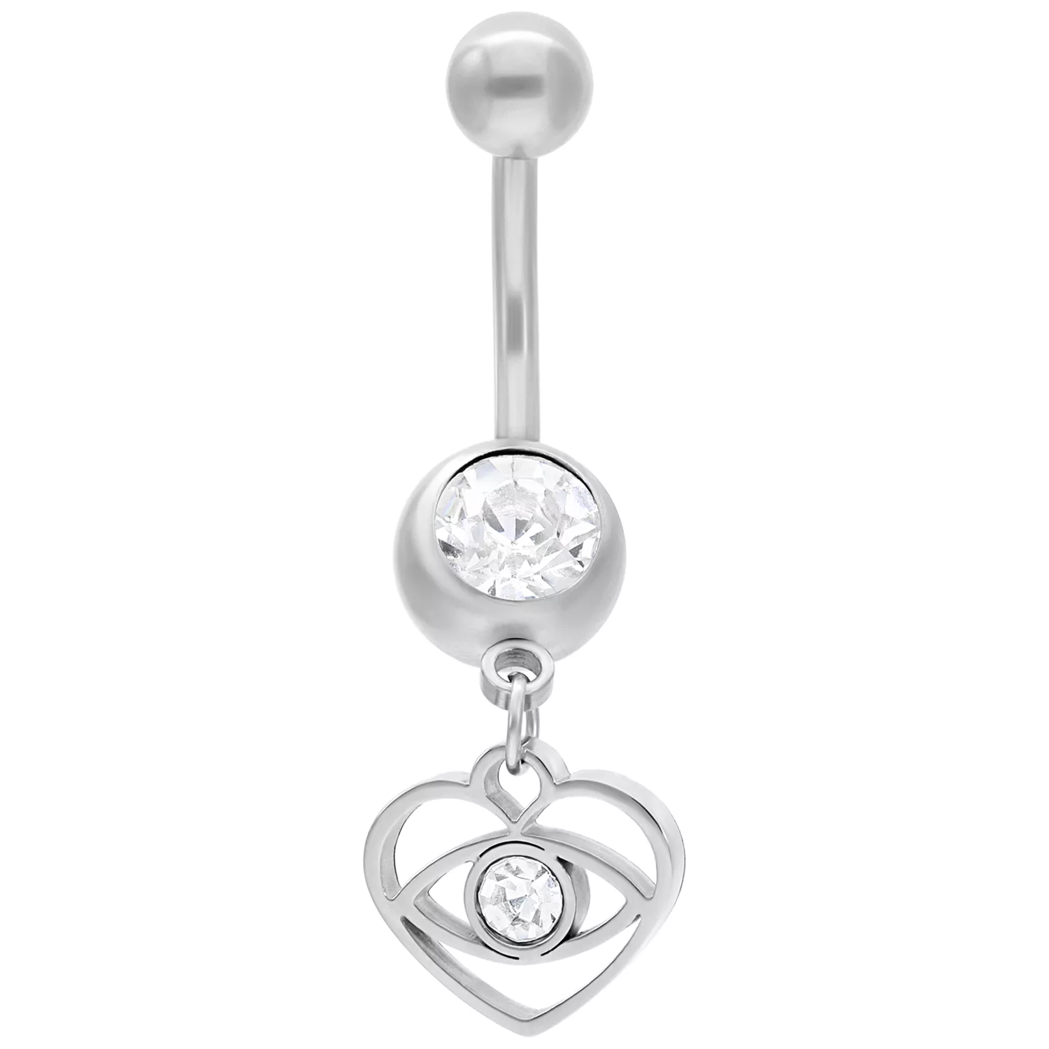 Banana bar in argento con cristallo e ciondolo a cuore su sfondo bianco