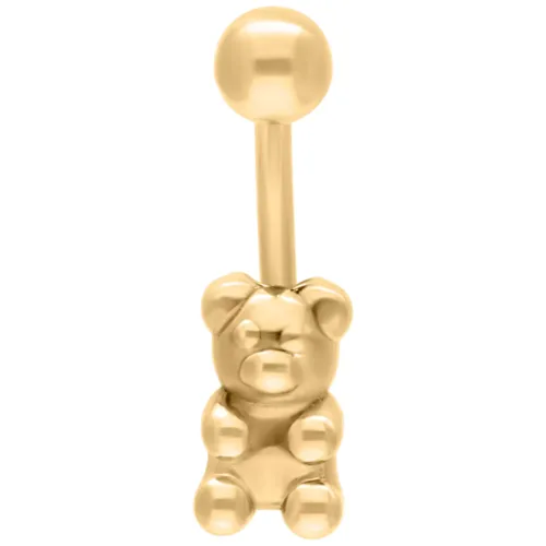 Piercing all'ombelico dorato a forma di orsetto su sfondo bianco