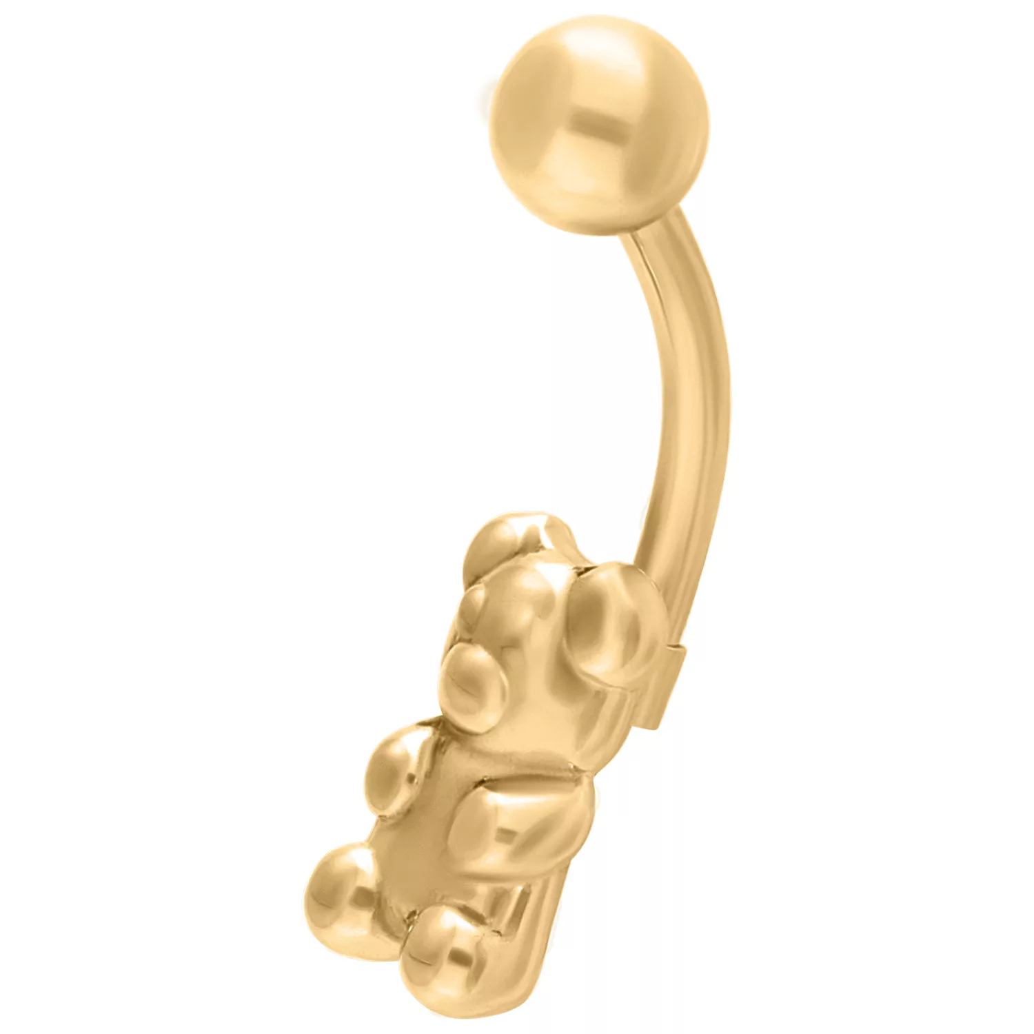 Piercing all'ombelico dorato a forma di orso su sfondo bianco