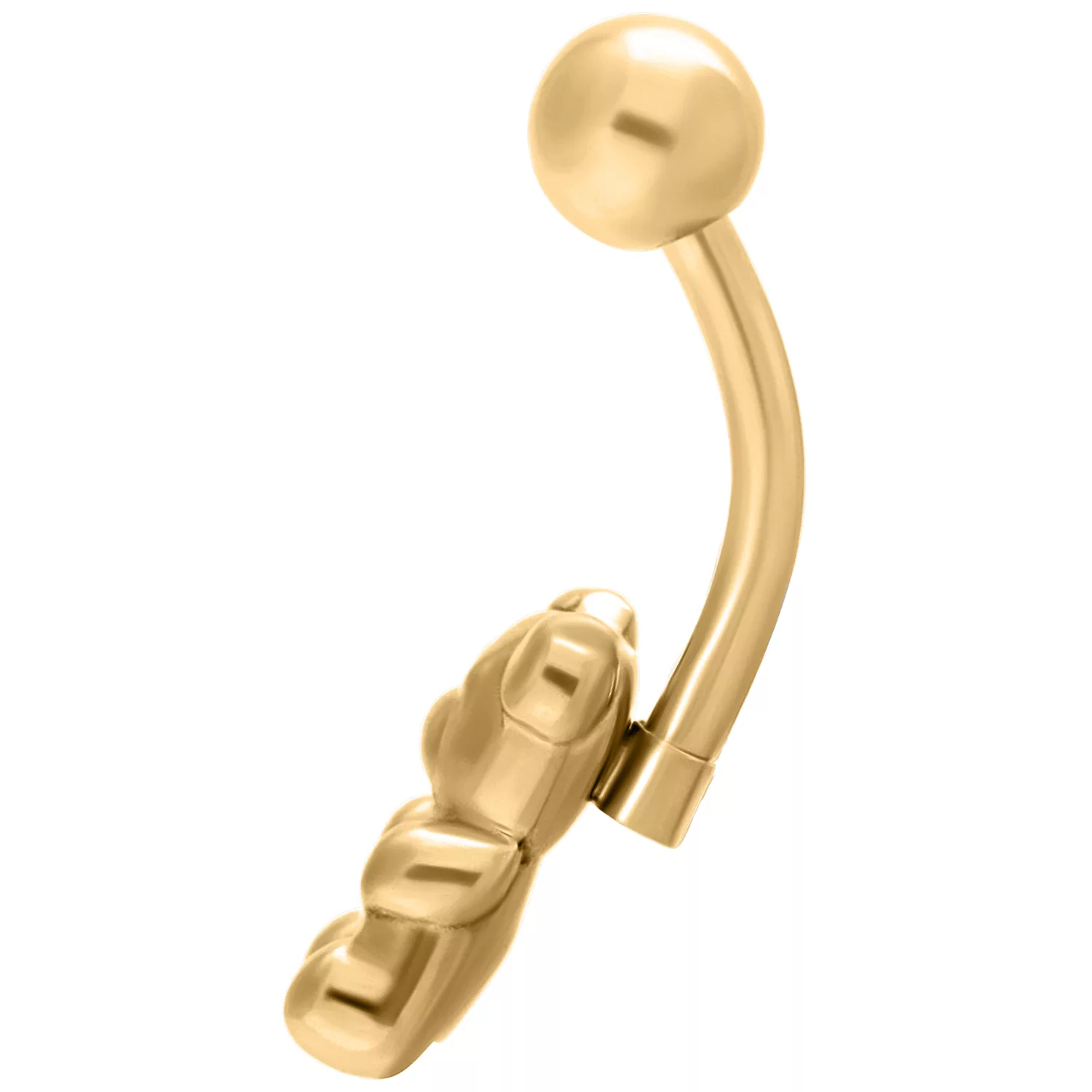 Piercing all'ombelico dorato a forma di Bananabell con design Orso Gommoso su sfondo bianco