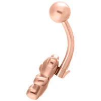 Piercing all'ombelico in roségold a forma di orsetto gommoso su sfondo bianco
