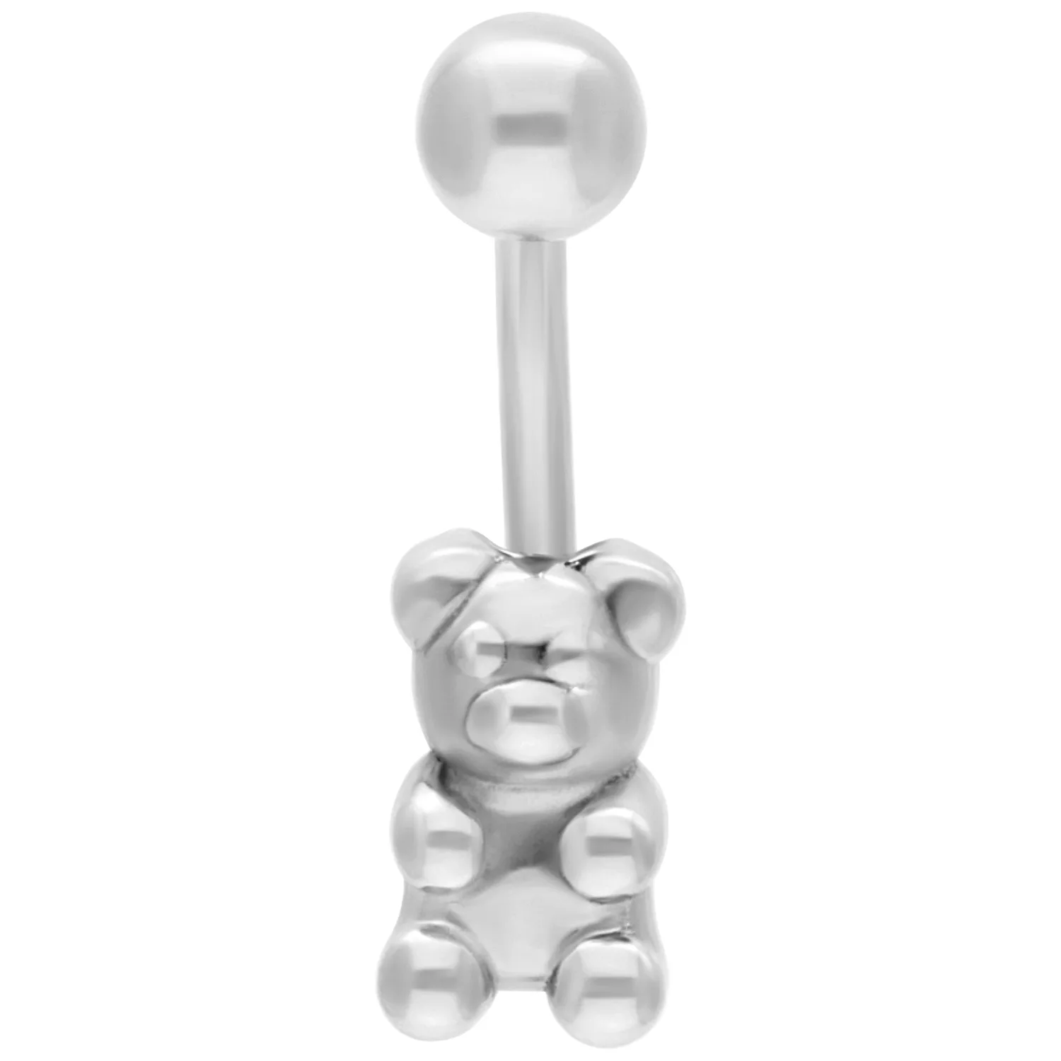 Piercing all'ombelico in argento con ciondolo a forma di orsetto su sfondo bianco