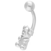 Piercing ombelico in argento a forma di banana con design di orsetto gommoso su sfondo bianco
