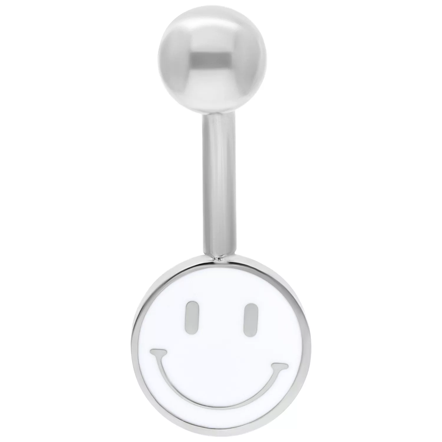 Piercing all'ombelico argento con ciondolo smiley bianco su sfondo bianco