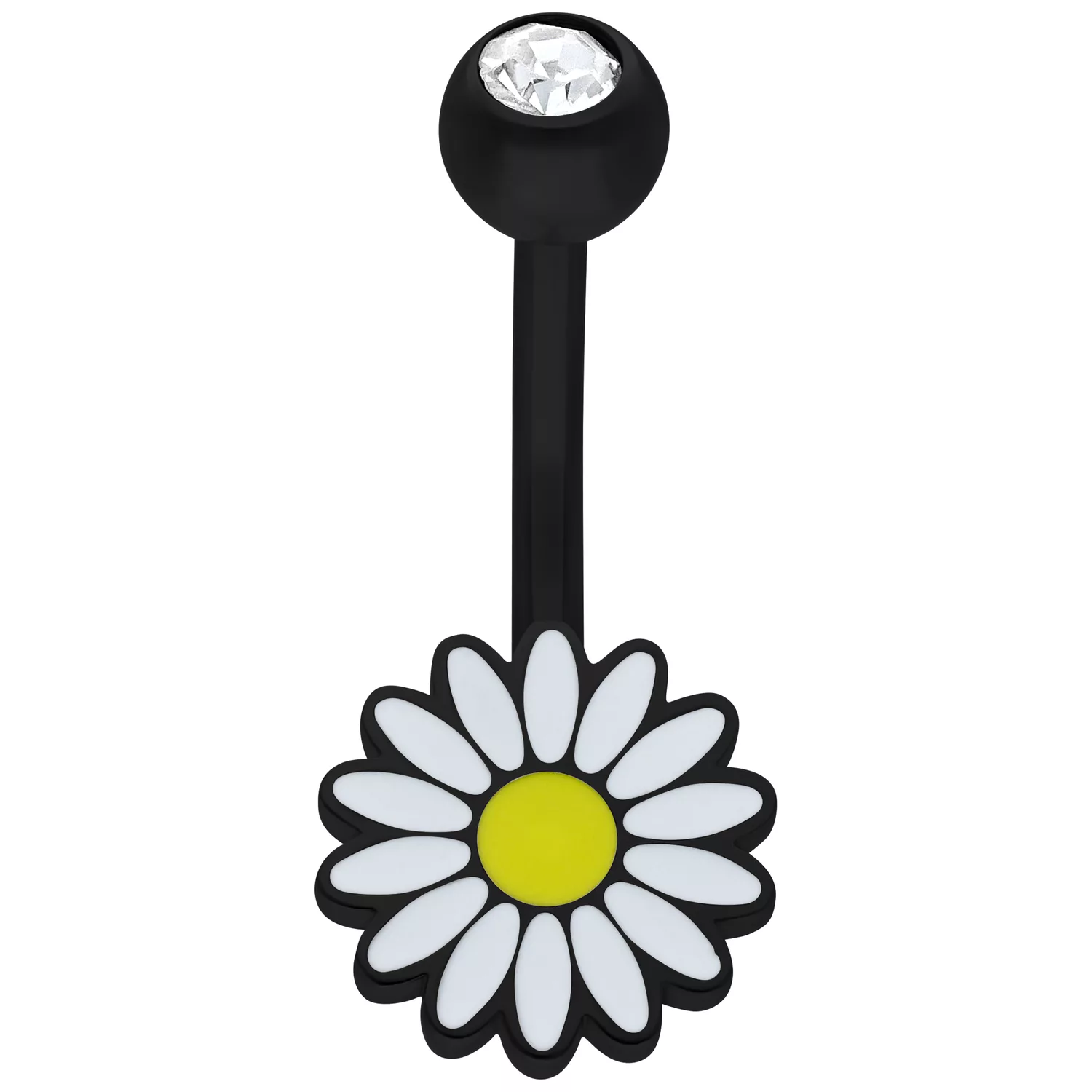 Bananabell nero con ciondolo a margherita e cristallo chiaro su sfondo bianco