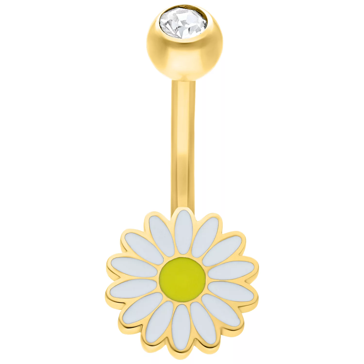 Bananabell dorato con design a margherita e cristallo, su sfondo bianco