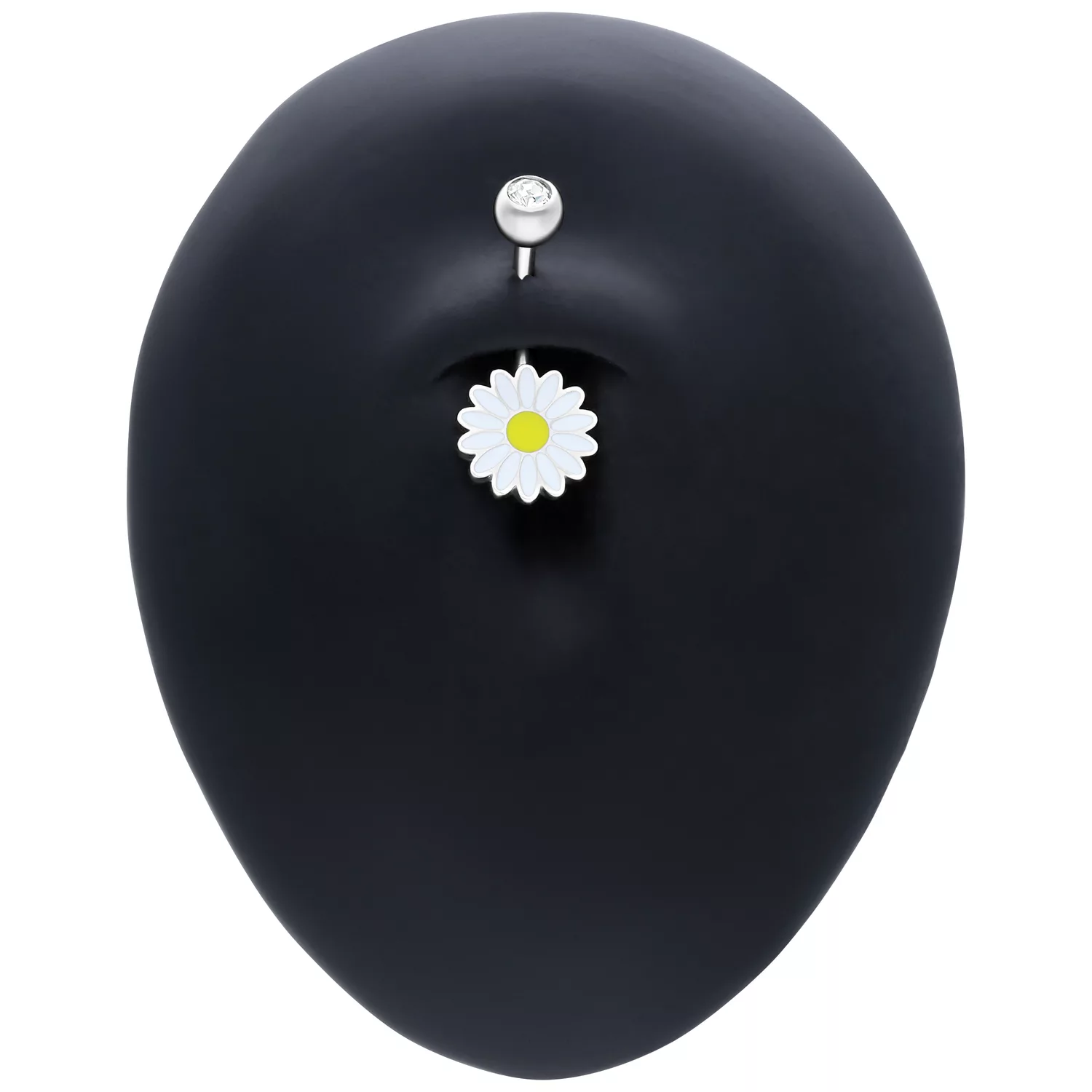 Micro Bananabell in argento con ciondolo a margherita e cristallo su display nero