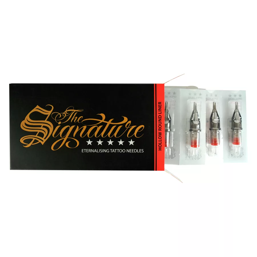 Hohl-Rundliner Kartusche 20er Pack Tattoonadeln Tattoonadel-Kartuschenpackung mit drei sichtbaren Kartuschen auf weißem Hintergrund