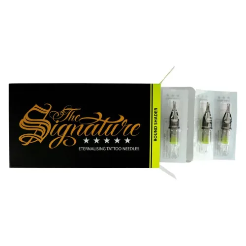 Drei Round Shader Tattoo-Nadelmodule neben schwarzer Verpackung