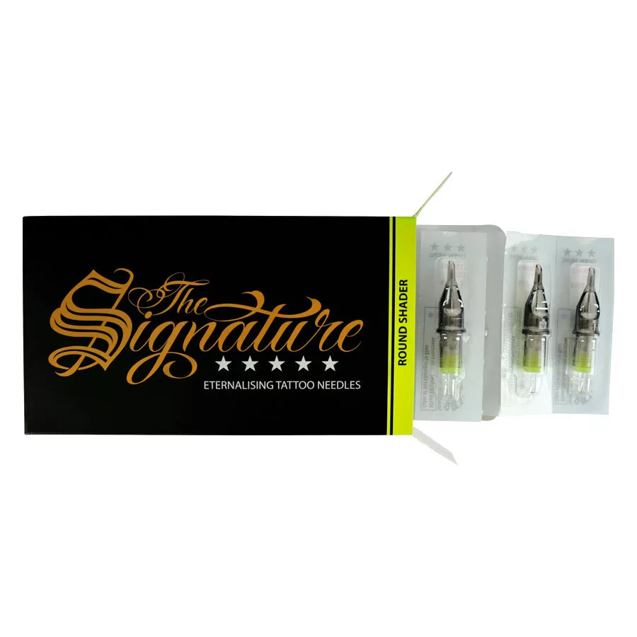Drei Round Shader Tattoo-Nadelmodule neben schwarzer Verpackung