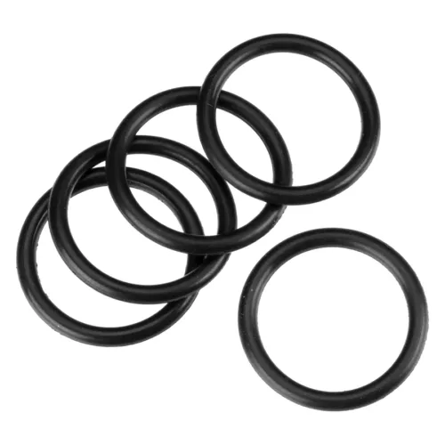 Sei O-Ring neri in gomma su sfondo bianco