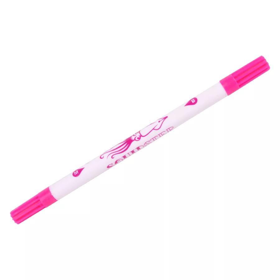 Penna per tatuaggi rosa a doppia punta con logo Squidster su sfondo bianco
