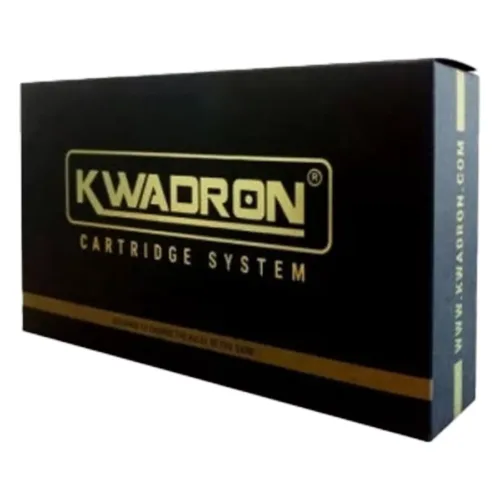 Confezione nera di cartucce Kwadron con scritta dorata su sfondo bianco