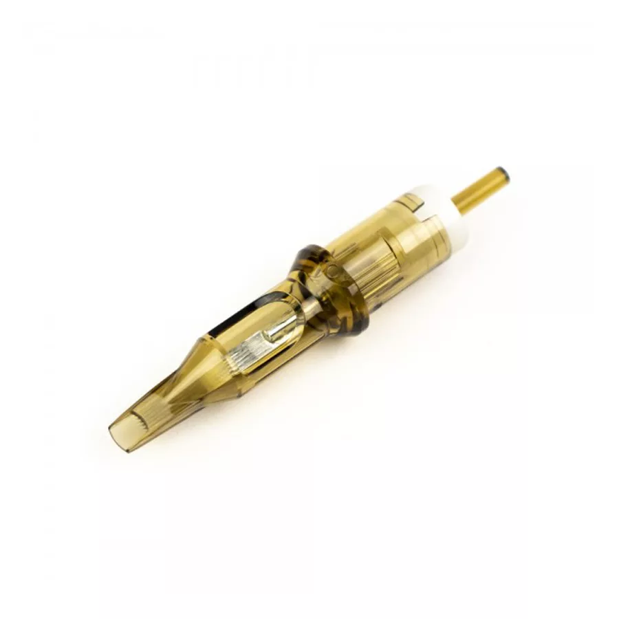 Wildcat Magnum Long Taper Tattoonadeln Cartuccia di ago per tatuaggi gialla con taper lungo su sfondo bianco