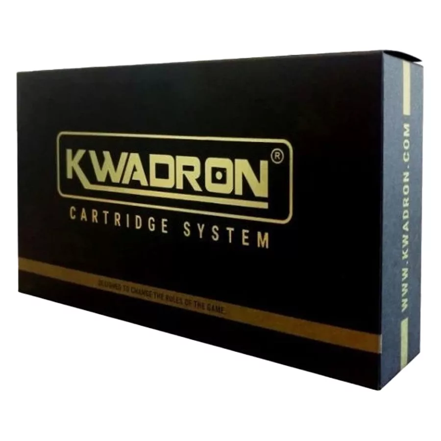 Soft Edge Magnum Long Taper Cartucce per Tatuaggi 20 pz Confezione nera Kwadron con scritta dorata su sfondo bianco