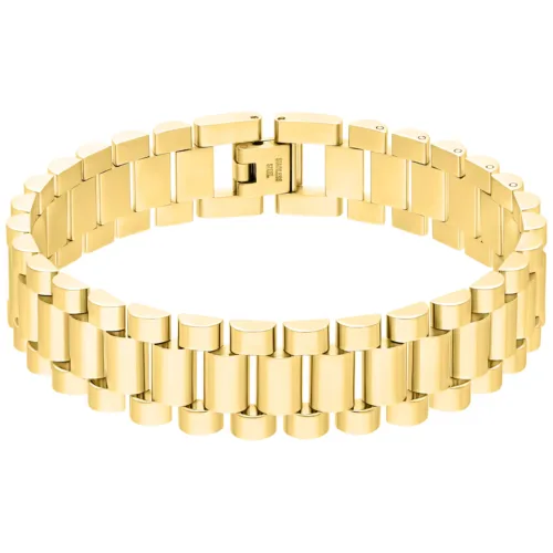 Elegante bracciale dorato per orologi in acciaio chirurgico su sfondo bianco