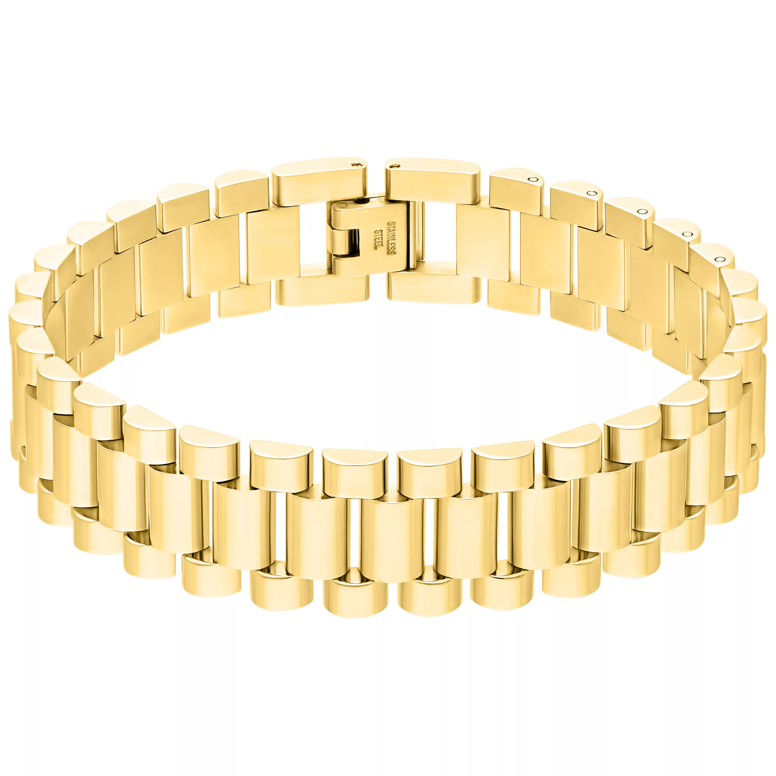 Elegante bracciale dorato per orologi in acciaio chirurgico su sfondo bianco