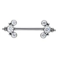 Barbell per Capezzolo in Titanio Argento con Cristalli Barbell in titanio argento con cristalli chiari su entrambe le estremità su sfondo bianco