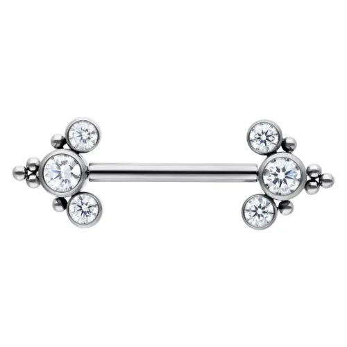 Barbell in titanio argento con cristalli chiari su entrambe le estremità su sfondo bianco