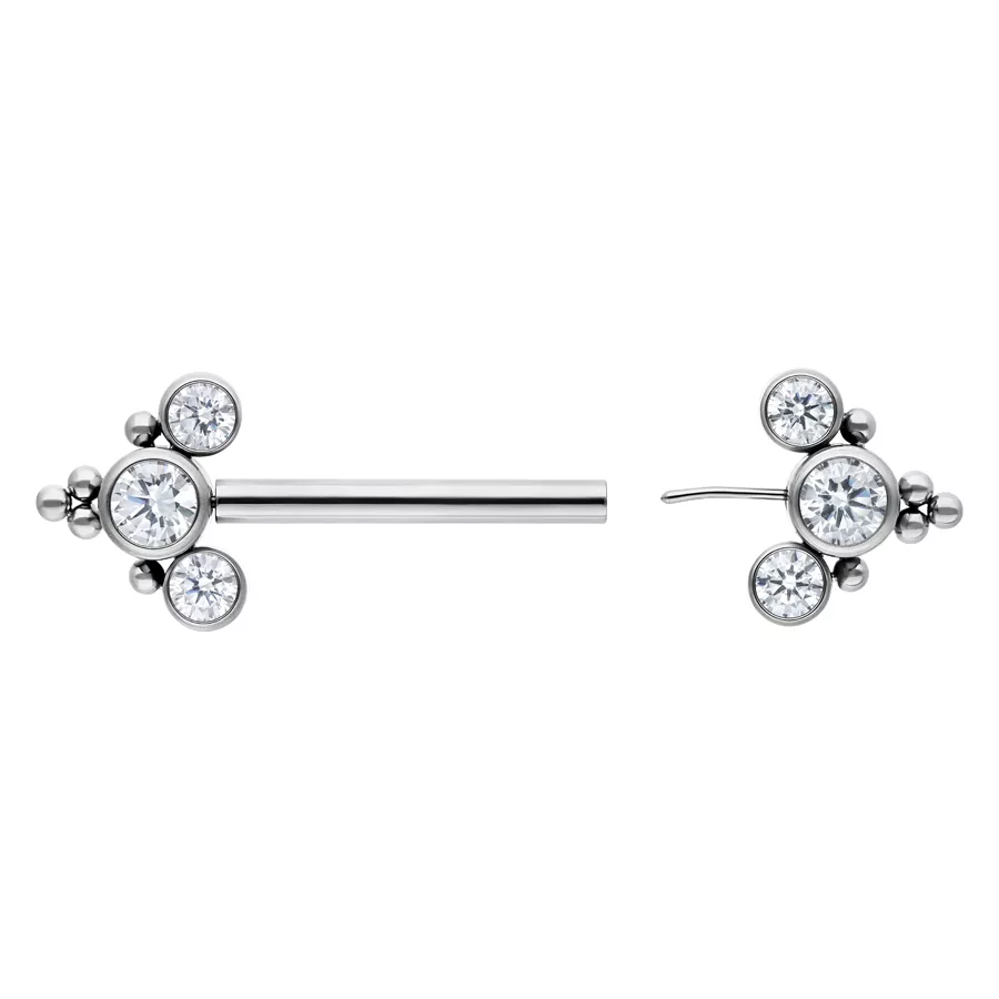 Sonya Barbell argento con cristalli, 14 mm Barbell argento con cristalli chiari, vista frontale e laterale su sfondo bianco