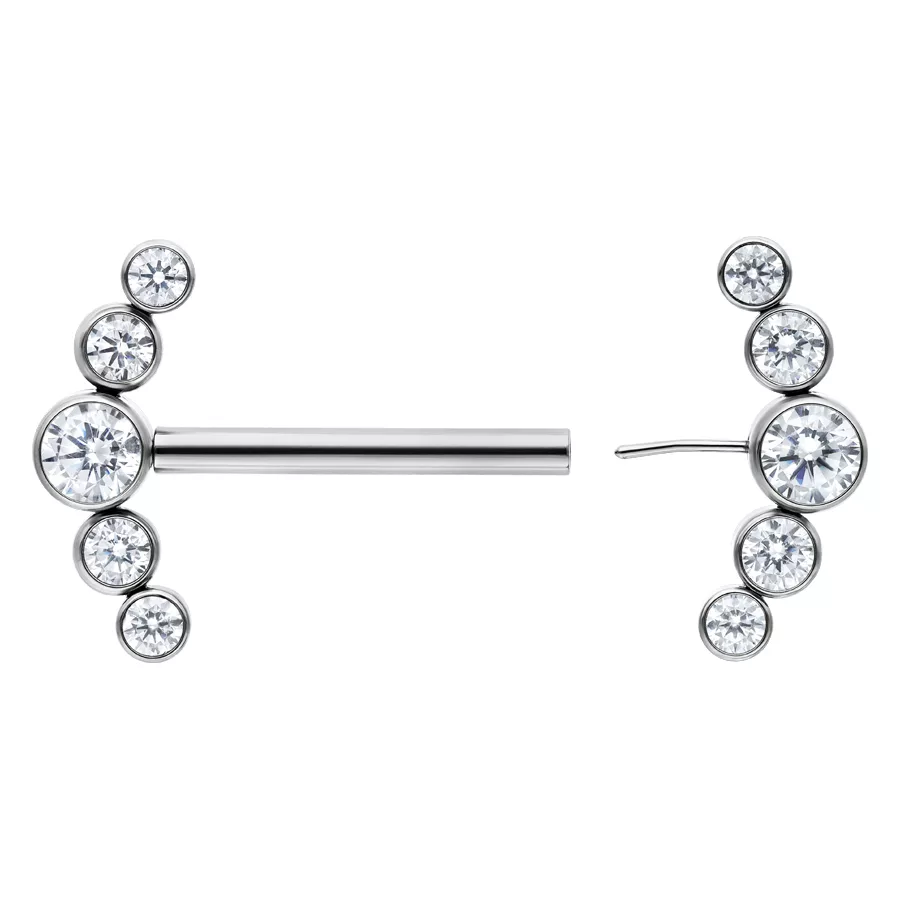 Barbell in argento con cristalli Penta 14 mm Barbell in argento con cinque cristalli chiari su sfondo bianco