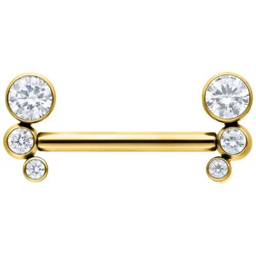 Barbell color oro con cinque cristalli chiari su sfondo bianco