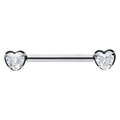 Barbell in argento con cristalli chiari a forma di cuore su sfondo bianco