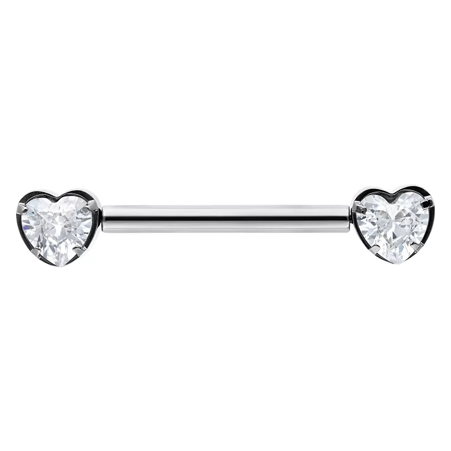Barbell a Cuore con Cristalli, Argento Barbell in argento con cristalli chiari a forma di cuore su sfondo bianco