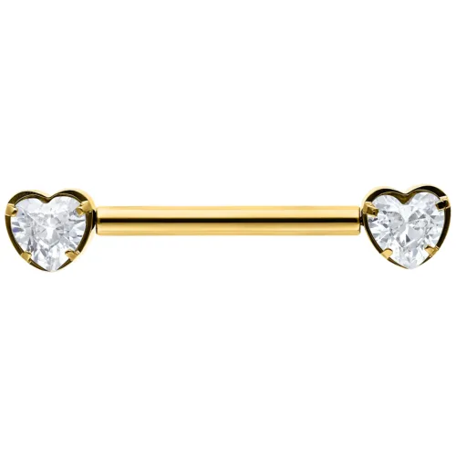 Barbell dorato con due estremità a forma di cuore, cristalline, su sfondo bianco