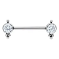 Barbell d'argento con cristalli chiari Barbell d'argento con due cristalli chiari alle estremità su sfondo bianco
