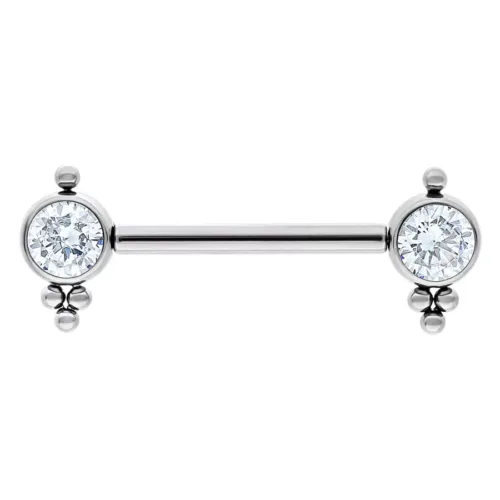 Barbell d'argento con due cristalli chiari alle estremità su sfondo bianco