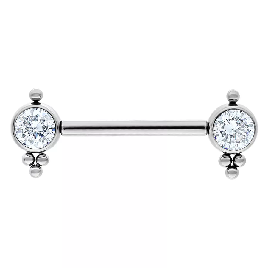 Barbell d'argento con cristalli chiari Barbell d'argento con due cristalli chiari alle estremità su sfondo bianco