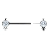 Barbell in titanio argento con cristalli Barbell in titanio argento con due cristalli chiari su sfondo bianco.