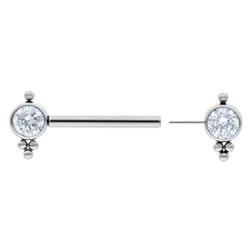 Barbell in titanio argento con due cristalli chiari su sfondo bianco.